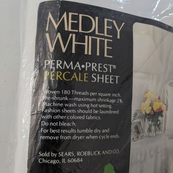 Medley White Vintage Full Flat Sheet Sears Perma Prest Percale Cotton Blend New - Picture 5 of 7